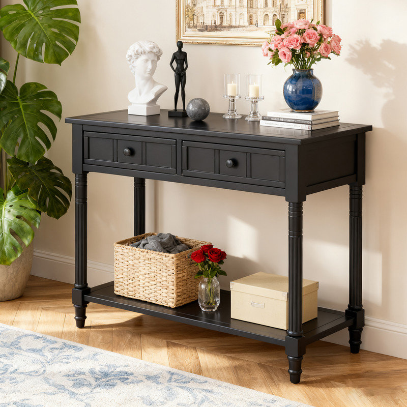 Table console 35,5 po à 2 tiroirs, série Daisy avec détails en bois sculpté et tablette de présentation, Noir