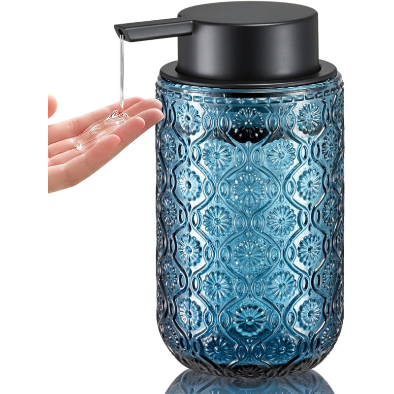 Distributeur de savon embossé en verre bleu avec pompe noir mat pour comptoir de cuisine