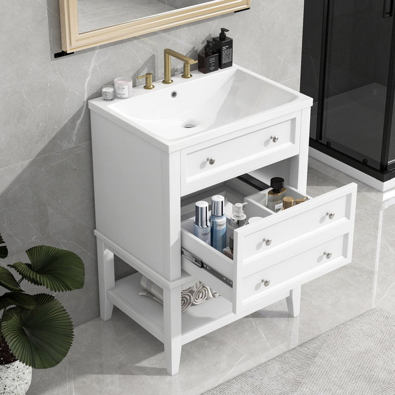 Meuble-lavabo 24 po avec lavabo, armoire de rangement avec tiroir et tablette ouverte, structure en bois massif, blanc