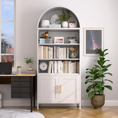 73 po, armoire arquée en métal de 73 po de haut, bibliothèque arquée à 5 niveaux avec portes, bibliothèque de style campagnard moderne avec 2 tablettes réglables, armoire vitrée pour le salon, blanc, assemblage requis