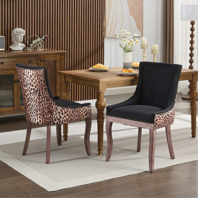 Ultra Side Dining Chair, Thickened Fabric Chairs With Neutrally Toned Solid Wood Legs, Bronze Nail Head, Set Of 2,Leopard Print
