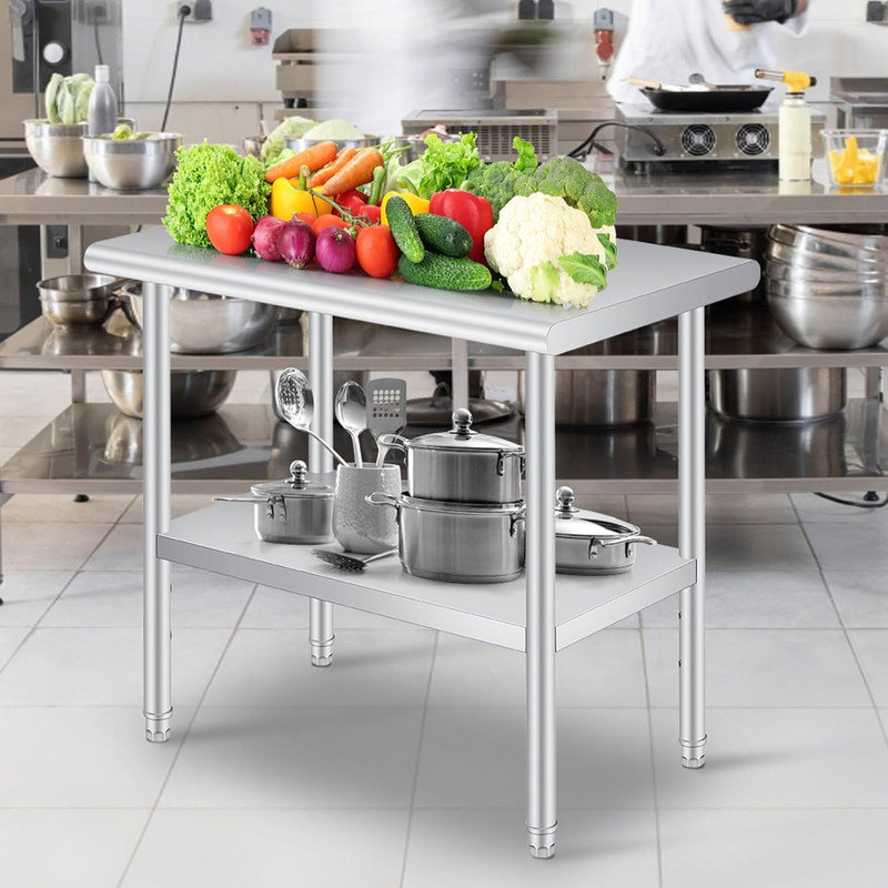 Table de préparation en acier inoxydable avec dosseret, tablette inférieure réglable et 4 roulettes, table commerciale robuste avec tablette inférieure réglable pour une utilisation extérieure, restaurants, hôtels, travaux
