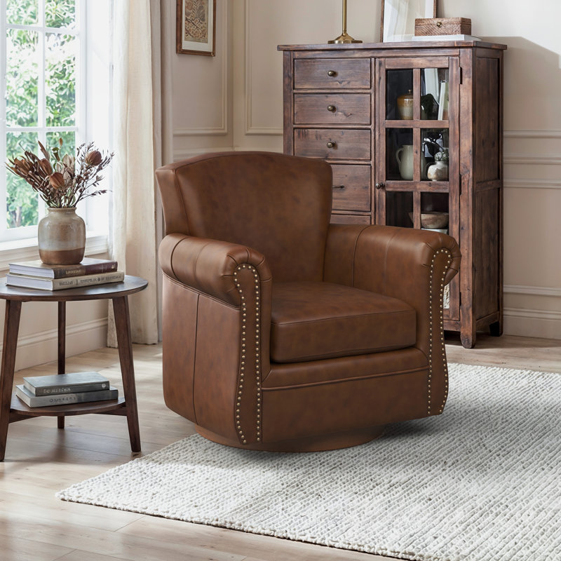 Genuine Leather Wingback Swivel Chair, Dark Brown