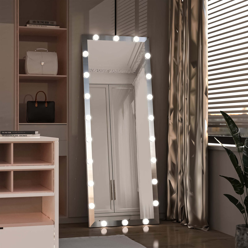 Full Length Mirror with Lights Full Body Vanity Mirror with 3 Colour Modes Lighted Standing Floor Mirror, Silver