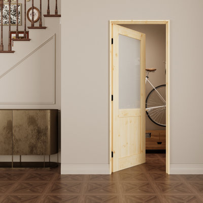 Porte en bois de pin massif avec panneau en verre givré et joint d'étanchéité