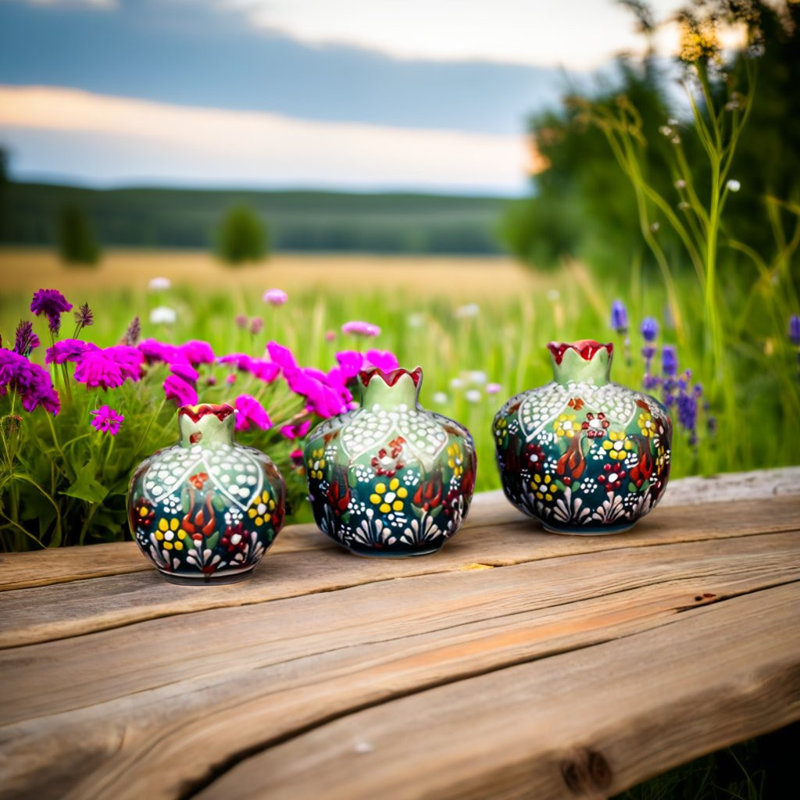 Ensemble de vases en grenade faits à la main en céramique de grenade - 3 pièces décoratives colorées pour vases de maison, de table, de tablette ou de cadeaux