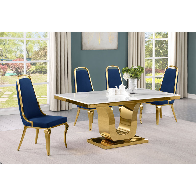 Kiaria Marble Top Pedestal Dining Set, Navy, 5 Piece Dining Set