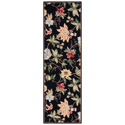Hollander Floral Handmade Looped/Hooked Wool Black Area Rug