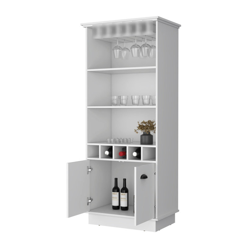 White Bar Cabinet With Storage Options - 3 Shelves, 5 Bottle , Glassware Rack Feature Elegant In For Organized Area, White