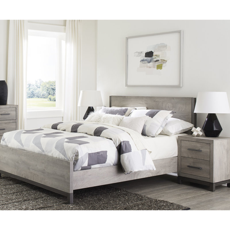Lit double avec finition grise - Rails et bois moderne idéal pour la chambre à coucher