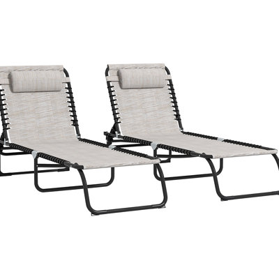 2 chaises longues pliantes de jardin - Couleur crème, assise en maille respirante, réglables, pliables en 4 positions inclinables, pour terrasse ou extérieur.