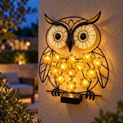 Solar Owl Garden Wall Light, 9.4" H Metal Hanging Outdoor Decor for Patio Yard Fence