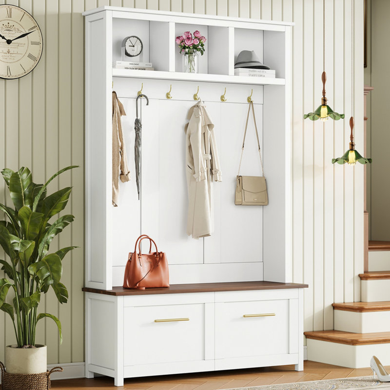 Portemanteau polyvalent 4-en-1 avec 6 crochets dorés ON-TREND, banc en grain de bois avec plusieurs espaces de rangement, portemanteau avec 2 tiroirs pour le salon, le couloir, H 76,6 po