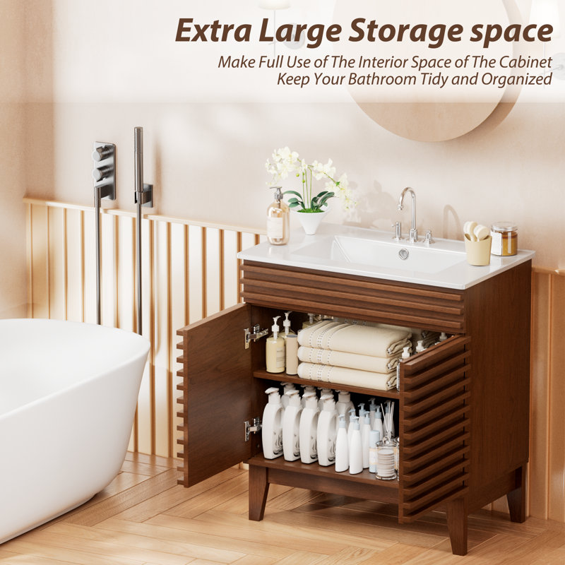 Katie With Sink, Mid-Century Freestanding Katie Sink With Storage, Undermount Ceramic Sink, Particleboard Frame With Wood Grain Laminate