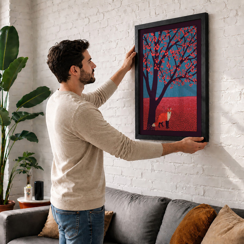 Fox Beneath the Tree Boho - Framed Print, A2 - 59.4 x 42.0 cm, Oak