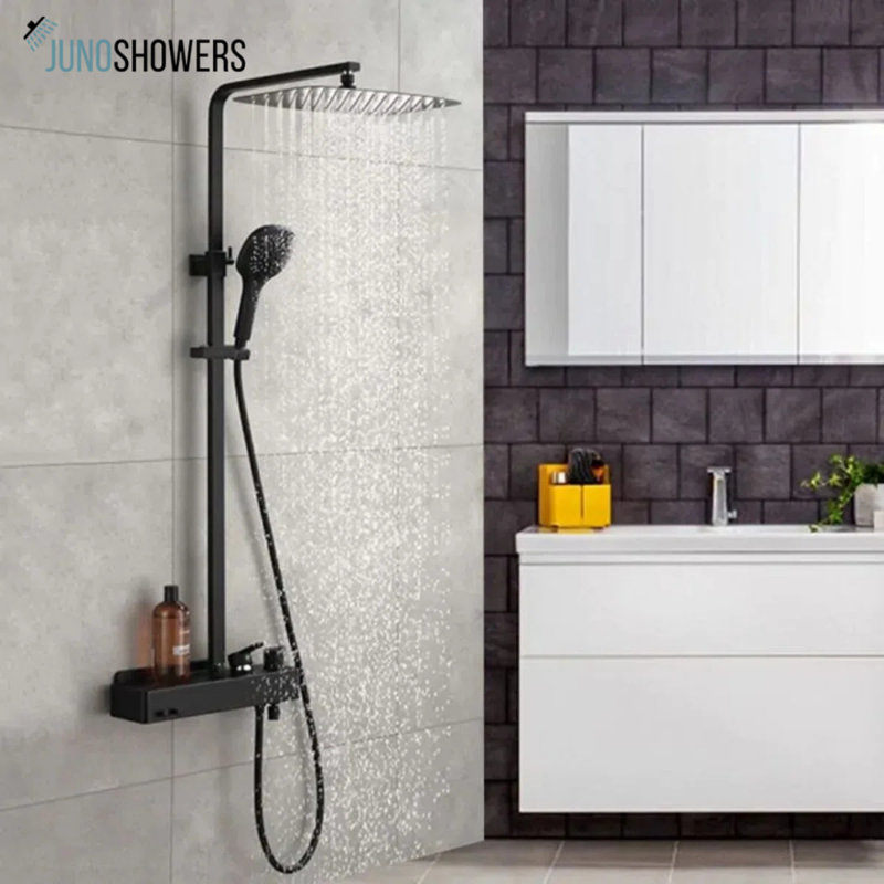 Polished chrome shower system with rainfall head and ergonomic handheld sprayer combo