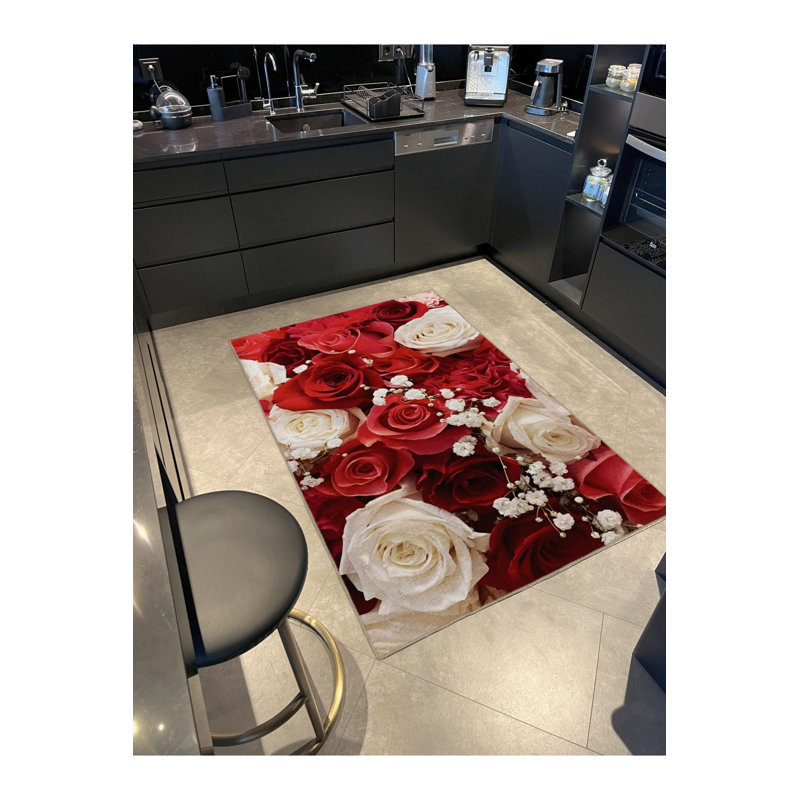 Tapis décoratif moderne à motif floral rose à motif rouge lavable à la machine