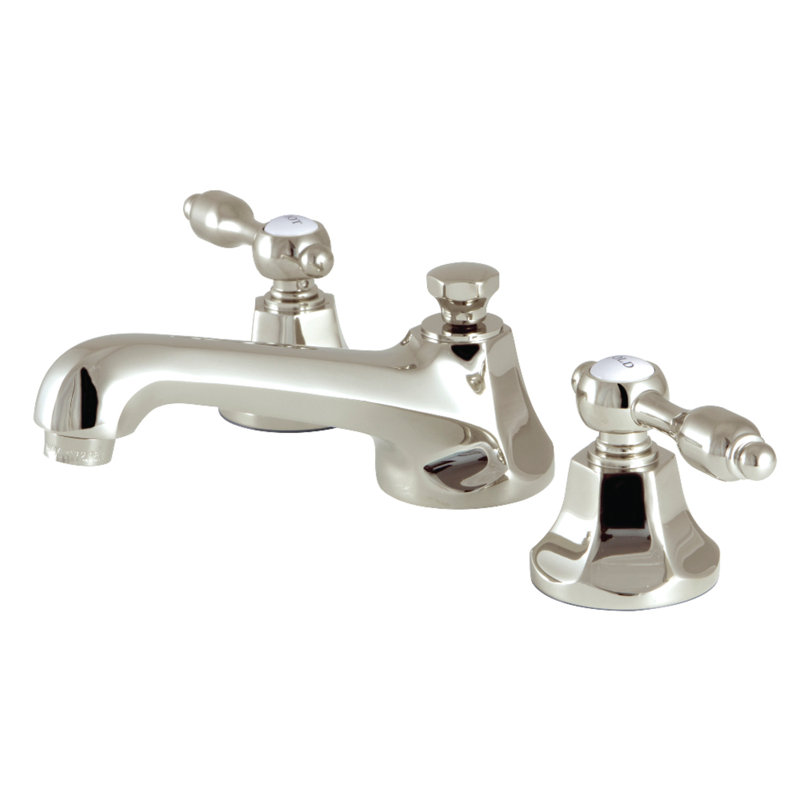 Kingston Brass Tudor Two-Handle 3-Hole Deck Mount Widespread Bathroom Faucet with Brass Pop-Up Drain, Polished Nickel