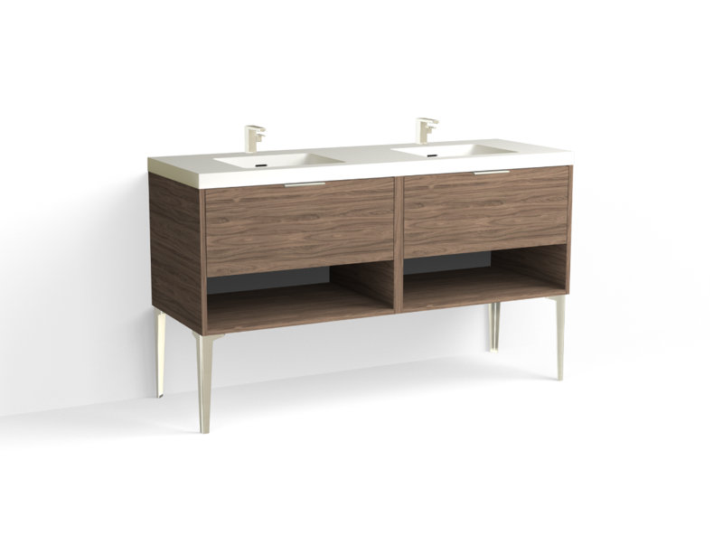 Modo 60" W Freestanding Double Bathroom Vanity with Dean Leg, Gloss White/8" Widespread, Nocino, Matte Black