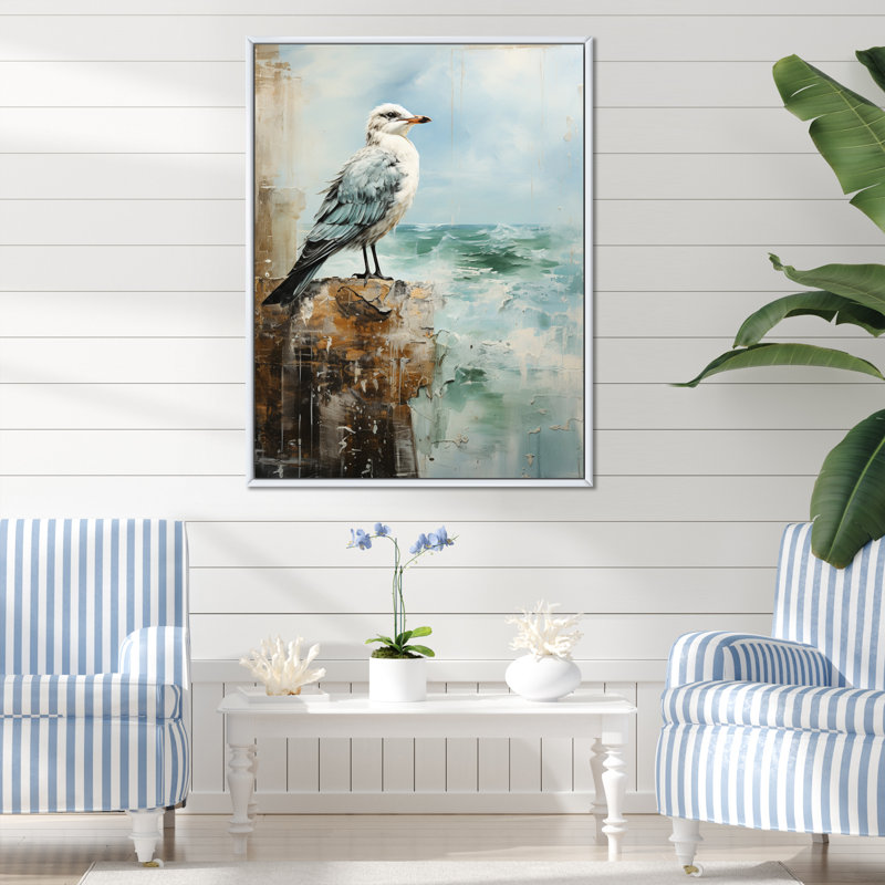 «Coastal Seabird - Coastal Beach Sand», art mural sur toile, H 32 po x l 16 po x P 1 po, Cadre flottant blanc