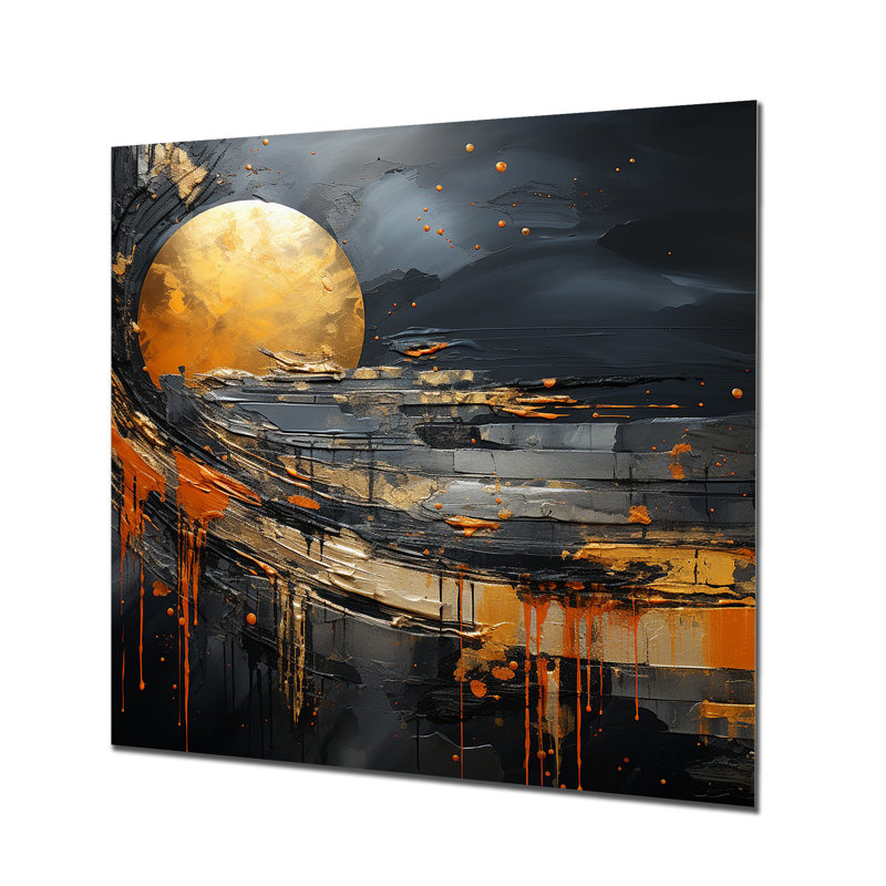 Marbre noir et orange lune II - décoration murale abstraite en métal, H 16 po x l 16 po