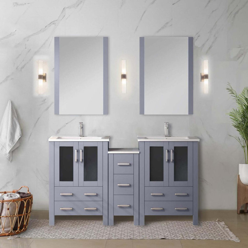 Meuble-lavabo double avec armoire latérale, comptoir en céramique blanche et miroirs