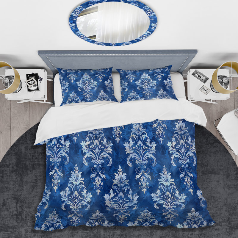 Ensemble de housse de couette bleu et blanc damassé Glamour - Glam, Housse de couette très grand + 2 taies décorativ