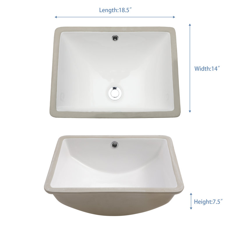 18"L x 14"W White Ceramic Rectangular Undermount Bathroom Sink with Overflow