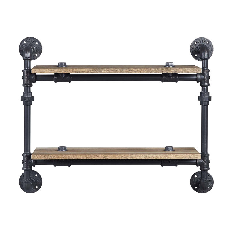 Étagère murale à 2 niveaux, chêne, noir sablé, tube de métal, conception de conduite d'eau, tablette, espace, style de rangement de décoration intérieure, finition chêne, cadre, espace, bureau élégant