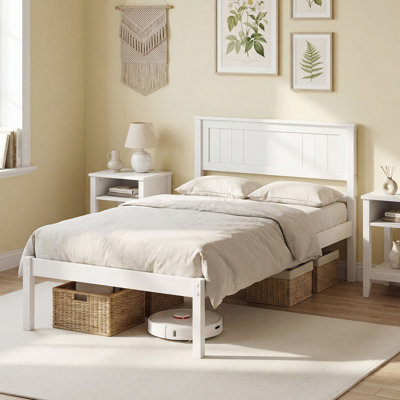 Base de lit plateforme simple en bois avec sommier pour tête de lit, blanc