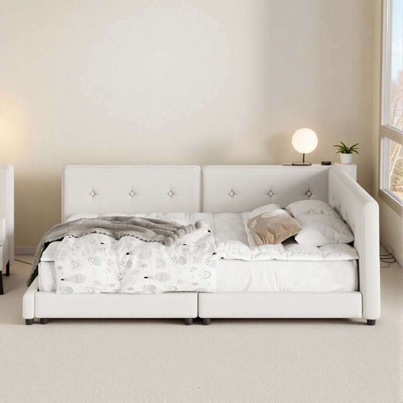 Modern Upholstered Queen Platform Bed with USB Ports – Beige Linen Fabric & Wood Frame, Beige, Queen