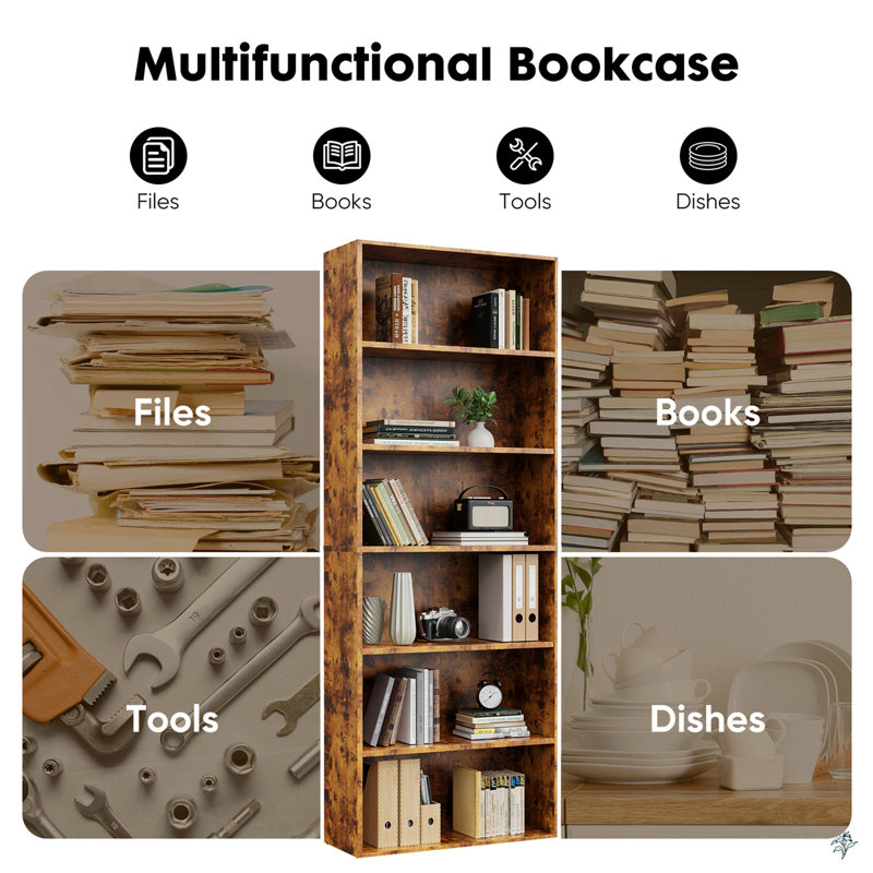 Bookcase - Large Tall Floor Standing Open Bookshelf, (6 Shelves) 23.8"H x 62.9"W x 9.2"D