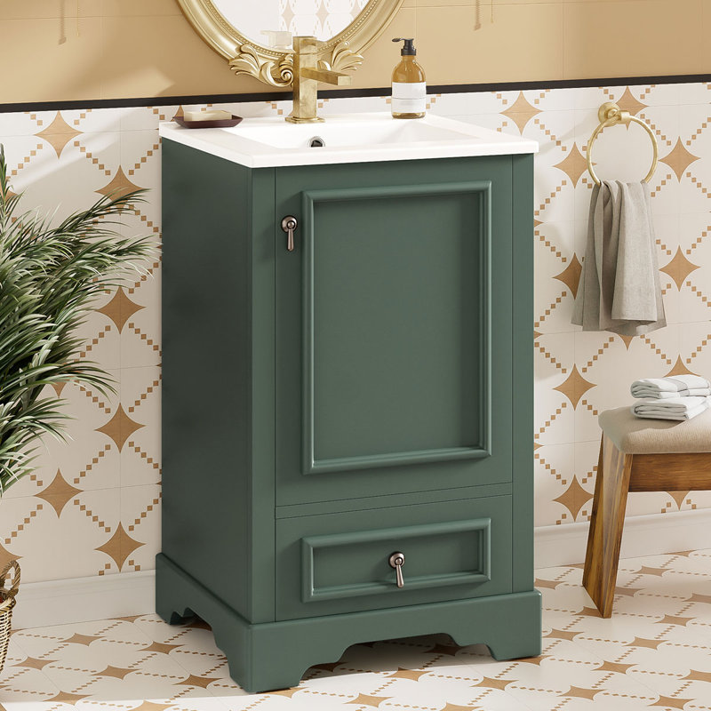 Meuble-lavabo compact autoportant de 20 pouces avec lavabo en céramique, portes et tiroirs à fermeture en douceur, Vert