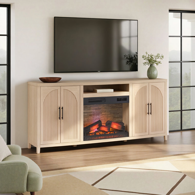 Sasha 80” Modern Reeded TV Stand with duraflame® Smart Electric Fireplace with Alexa Voice & App Control, Coastal Oak