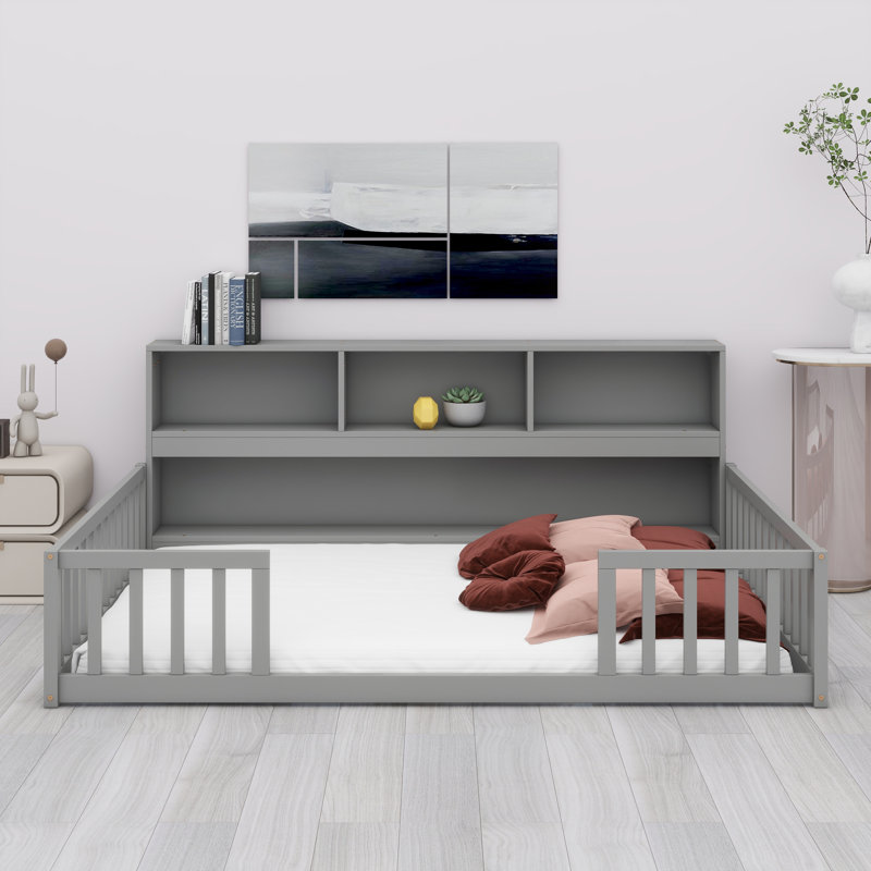 Kids Floor Bed Frame with Side Storage Shelves, and Guardrails, Gray