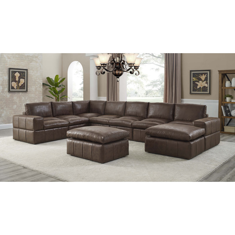 Canapé modulaire de coin avec repose-pieds Sphira, Similicuir brun foncé