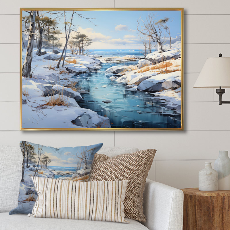 " Sweden Ice Blue Archipelago II ", 24" H x 32" W x 1" D, Gold Floater Framed