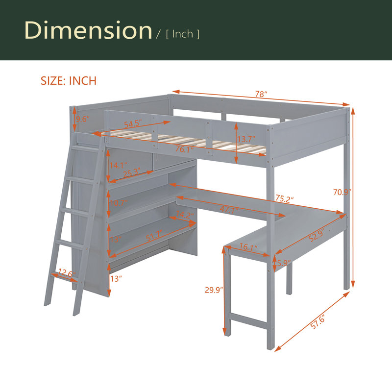 Lit mezzanine double avec bureau et tablette, Gris