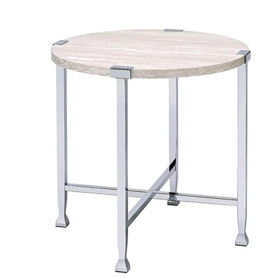 Table de bout ronde avec support en forme de X, chêne blanc et chrome