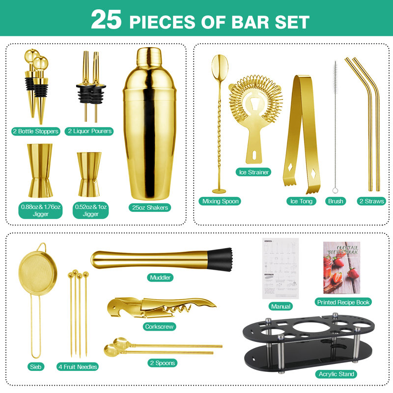 Gold 25-Piece Stainless Steel Bartender Kit with Acrylic Stand