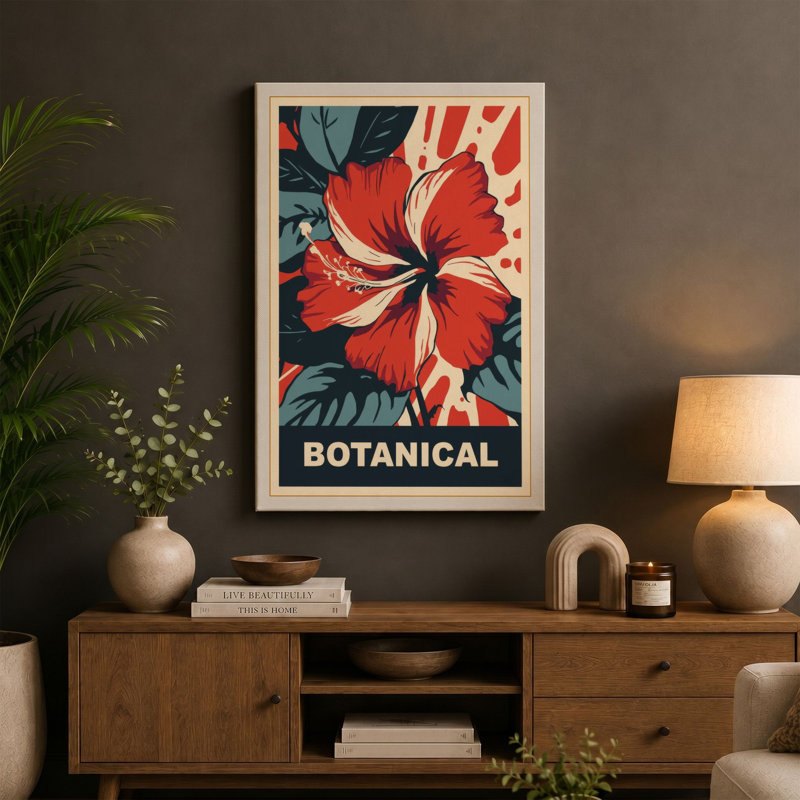 Hibiscus Bold Botanical - Wrapped Canvas, 24x16 - 61.0 x 40.6 cm, Terracotta Border