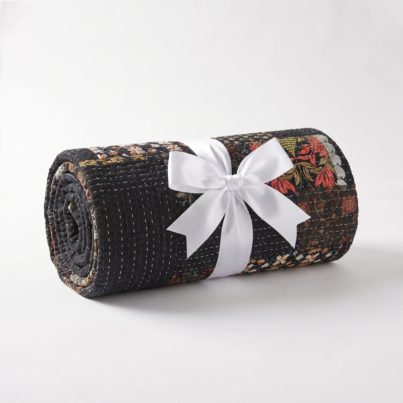 Advika Handmade Kantha Cotton Throw Blanket, Black