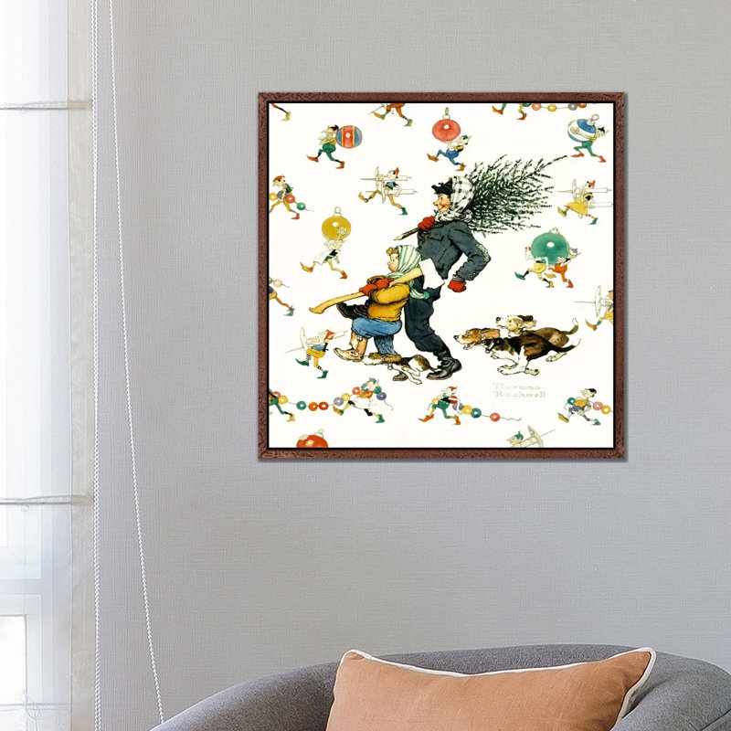 Bringing Home The Tree #2 by Norman Rockwell - Painting on Canvas, Black Framed, 66.04 cm H x 66.04 cm W