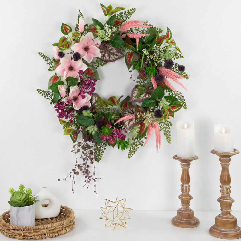 24-Inch Pink and Purple Artificial Spring Floral Wreath with Grapevine Base