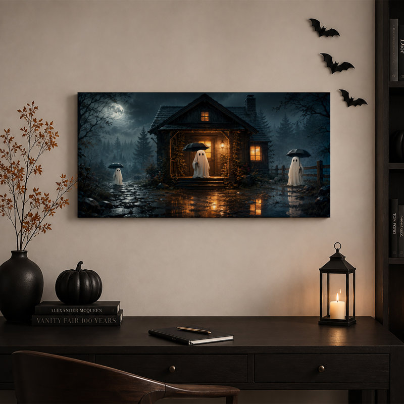 Trois fantômes avec des parapluies à l'extérieur, tableau mural en bois illuminé pour l'Halloween sur toile