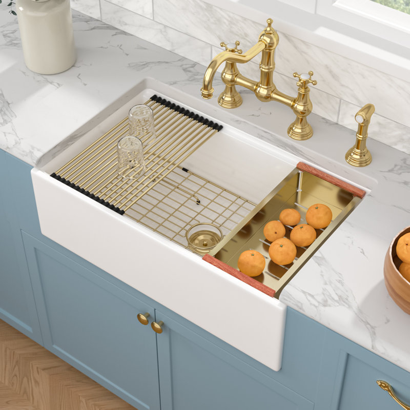 30" L x 20" W Rectangular White Single Bowl Ceramic Farmhouse/Apron Kitchen Sink Workstation with Accessories, Gold