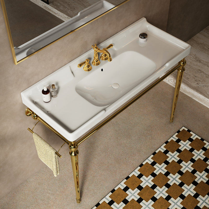 Lavabo de console de salle de bain 48 po, meuble-lavabo mural en céramique blanc avec 3 trous de robinet, support en acier inoxydable, couleur or et meuble-lavabo Scratch, haute performance