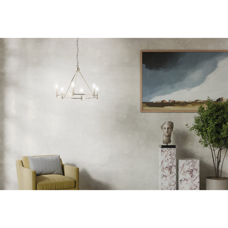 Steel Dimmable Chandelier, 23.75" H x 32.25" W x 32.25" D, 6, Polished Nickel