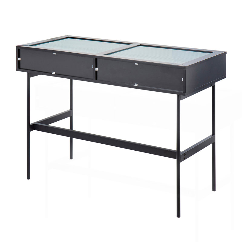 Emery Contemporary Console Table In Black Wood, Black Steel, And Glass Top By Lumisource, Black