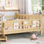 Queen Size Kids Floor Bed with Storage Bookcases, Solid Wood Platform Bed with Stairs & Guardrails, Light Natural-724646423
